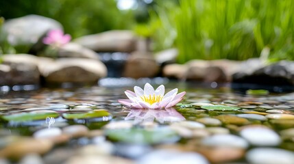 Serene Water Lily on Calm Pond Surface Surrounded by Nature