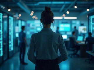A confident woman views a high-tech office, symbolizing internet security, cyber protection, and social media connectivity with floating digital icons.