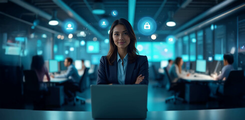 A confident woman in a high-tech office represents internet security, cyber protection, and social media connectivity with floating digital icons.