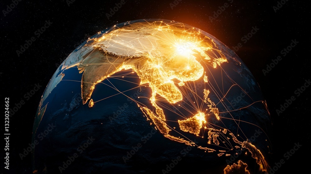Aufkleber global network illuminated earth interconnected continents high resolution image