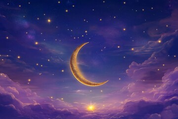 A stunning galactic night sky, painted in a blend of deep purple, magenta, and cosmic blue hues. A crescent moon glows in metallic gold.