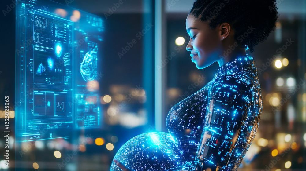 Aufkleber expecting mother gazes thoughtfully at a holographic display showing embryonic development. the mode