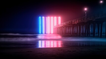 Neon Pier Night  Vibrant Beach Scene  Ocean Waves  Pink Blue Lights