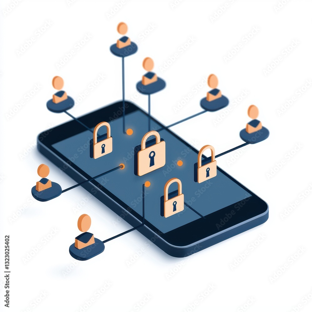 Poster vpn privacy safety smartphone lock concept. mobile device with user connections and security locks i