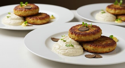 Fototapeta premium Gourmet Plating: Artfully arranged potato cakes with truffle accents and creamy sauce. Photorealistic image of culinary excellence, perfect for showcasing gastronomy and fine dining.