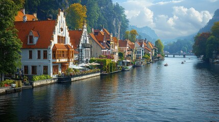 Fototapeta premium Picturesque riverside town with colorful houses, boats, and a bridge.