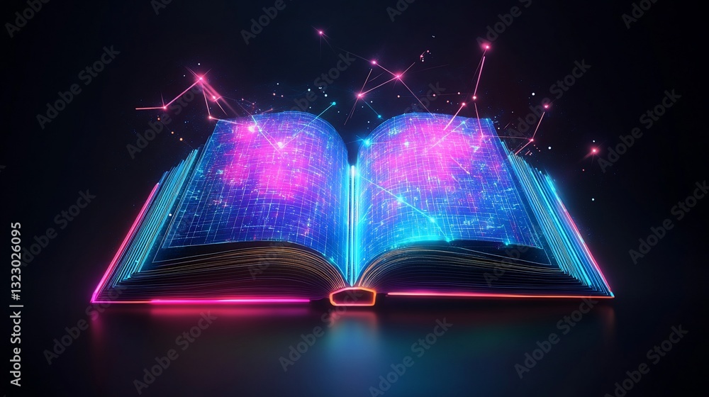 Poster a luminous open book with digital patterns and glowing lines on dark background