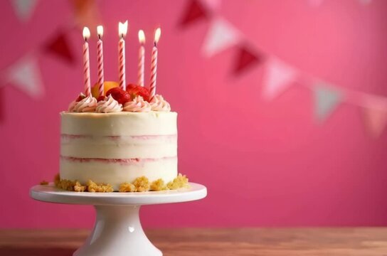 Festive birthday cake with candles on pink background
