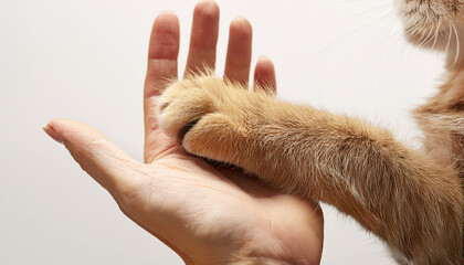 Cat paw and human hand on white background Pet adoption Pet rescue concept