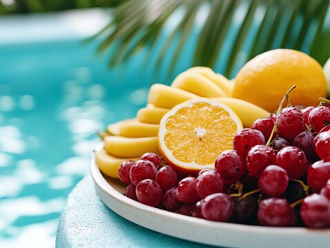 Pool party with tropical decorations, palm leaves, and colorful fruit platters - Powered by Adobe