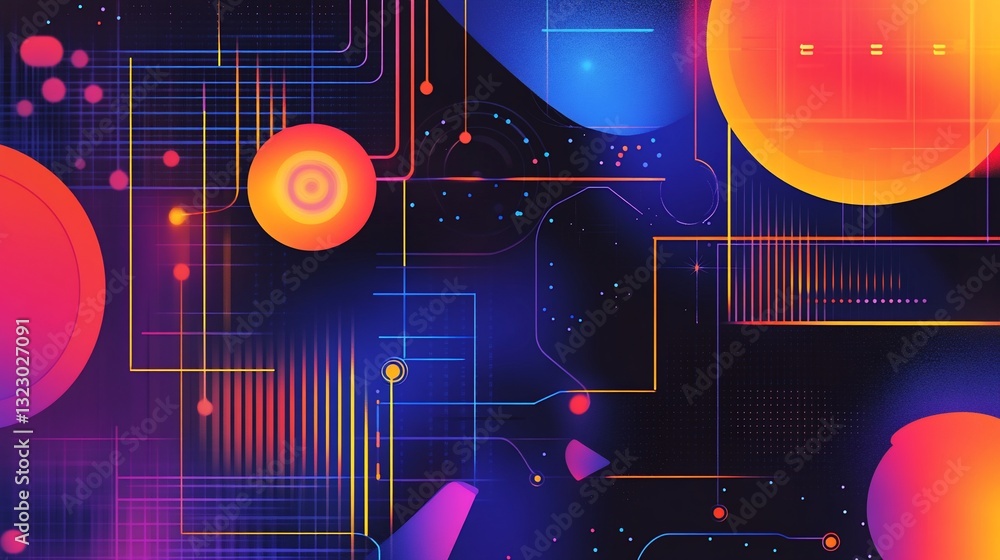 Poster abstract digital art with geometric shapes and lines in vibrant gradient colors