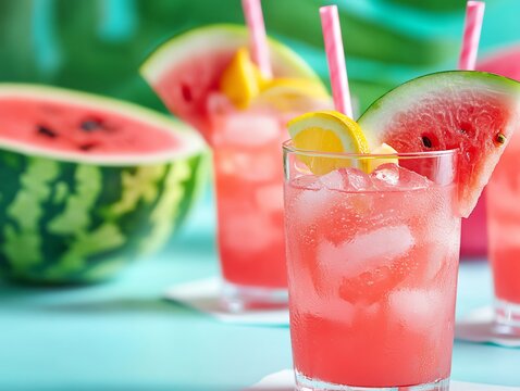 Watermelon-themed pool party with fruity drinks, pink decor, and green accents
