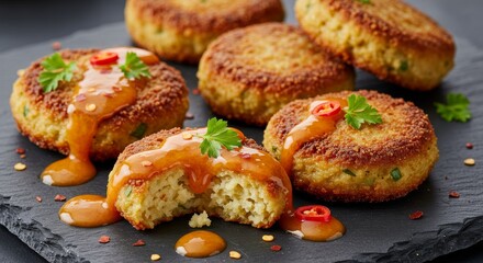 Golden Delights: Exquisite vegetarian cutlets, beautifully presented on a dark stone, adorned with a vibrant sauce, and a touch of fresh greenery, inviting culinary exploration.