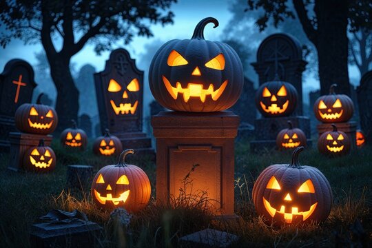 Spooky Pumpkin Lanterns in a Haunted Graveyard at Dusk