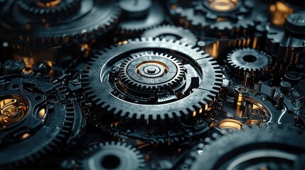 Machinery gears heavy machinery steel components concept. A close-up view of intricate metallic gears, showcasing detailed craftsmanship and interlocking mechanisms in a dark, illuminated setting.