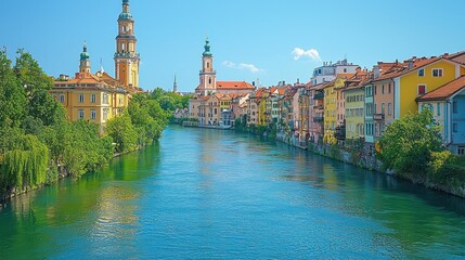 Naklejka premium Scenic river view of colorful buildings and churches.