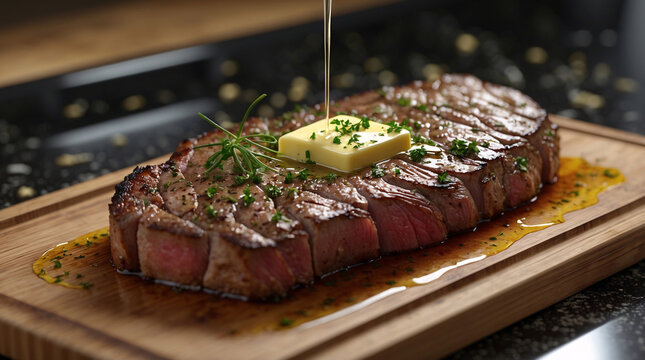 Grilled barbecue meat with butter and herbs melting over it served as a mouth watering main dish in upscale restaurants food stock photo inspiration for menu