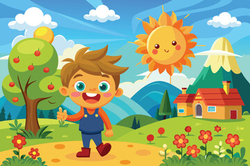 A happy boy walks along a sunny path surrounded by trees, flowers, and mountains on a bright day, Sunny day Customizable Cartoon Illustration