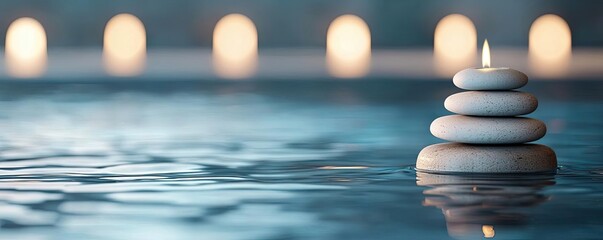 Obraz premium Waterscape abstract background concept. Tranquil spa scene with stacked stones and candlelight reflecting on water.