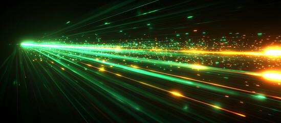 Obraz premium Green laser beam bright abstract sparkle. Acceleration speed light path. Speeding light train over darkness. Abstract neon or laser glow motion effect illustration.