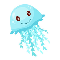 Cute cartoon jellyfish with a happy face, light blue body, and flowing tentacles. Vector illustration isolated on white.