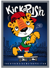 Fototapeta premium kick and push, baby tiger palying skateboard vector illustration graphig design