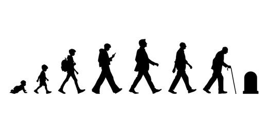 Vector illustration. Silhouette of growing up man from baby to old age. Many people of different ages in a row.	