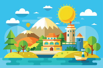 Naklejka premium A vibrant landscape shows a sunny day in a mountain village with trees, water, and colorful buildings, Sunny day Customizable Semi Flat Illustration