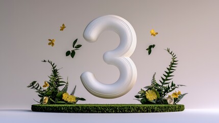 3D Render Number Three  White  Floral  Spring  Nature  Grass  Butterflies  Yellow Flowers