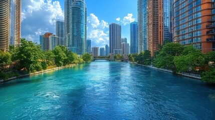Fototapeta premium Vibrant cityscape with river, skyscrapers, and lush greenery under a sunny sky.