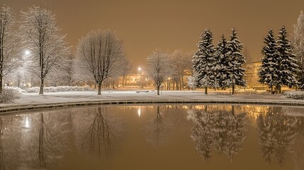 Serene Winter Night Scene Snow Covered Trees Reflecting in a Calm Lake at Night