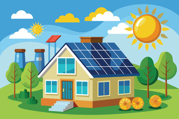 A home equipped with solar panels harnesses sunlight for renewable energy in a bright environment, Sun power photovoltaic PV home system and renewable electric energy technology