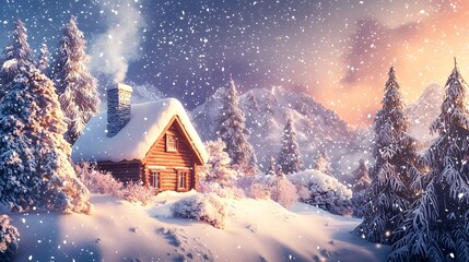 Fototapeta premium Cozy Winter Cabin in Snowy Mountains Landscape Snowfall Christmas