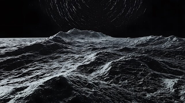 Dramatic Dark Monochromatic Alien Planet Landscape with Star Trails