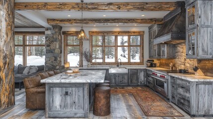 Rustic kitchen with gray cabinets, stone accents, and large windows overlooking snowy landscape.