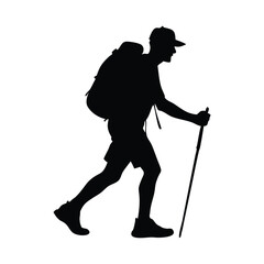 Fototapeta premium Adventure Silhouette: A determined hiker, silhouetted against a simple background, ventures forward with a backpack and trekking pole, embodying the spirit of exploration and outdoor pursuit.