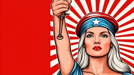 Strong Woman Holding Torch with Bold Red Background and Sunburst