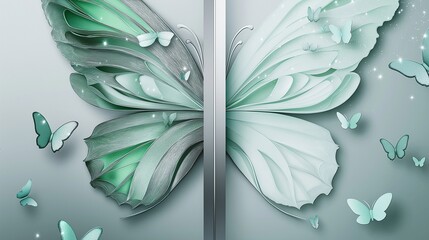 An artistic, minimalist paper-cut butterfly with a striking vertical platinum silver division at the center. The left wing features rich emerald green and teal hues, while the right wing .