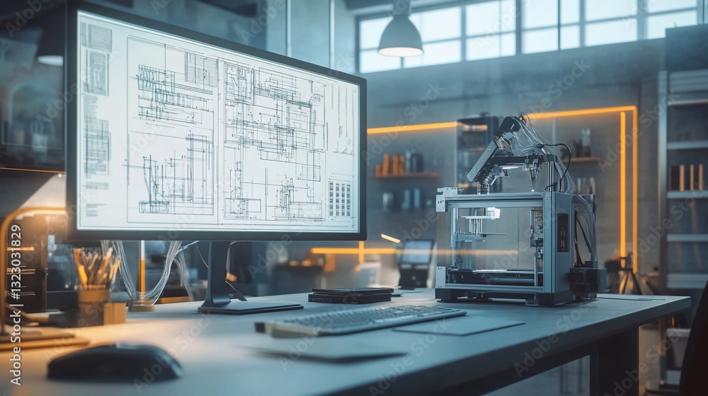 Poster engineering design and 3d printing workspace with detailed plans on monitor and printer setup