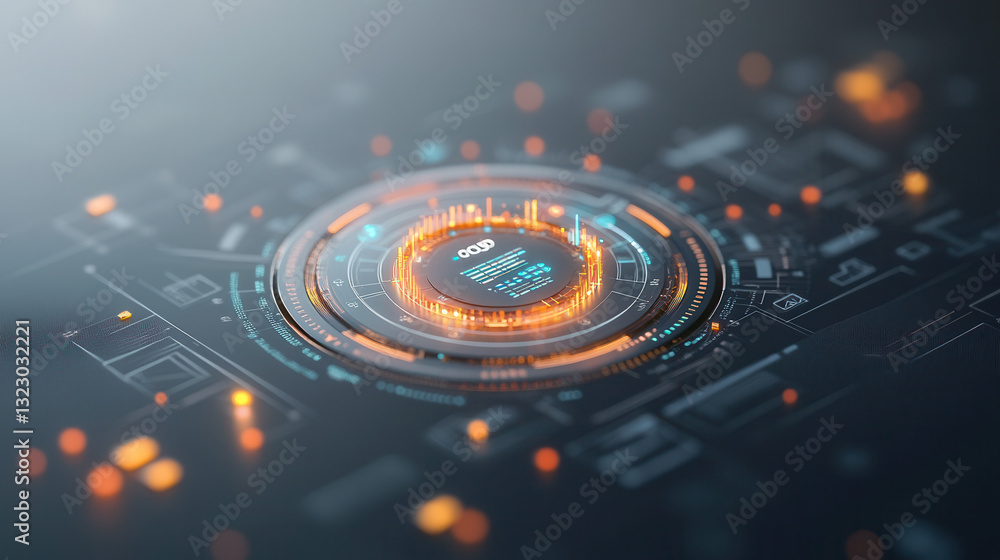 Poster high tech startup roadmap featuring holographic interface and data visualization. this futuristic de