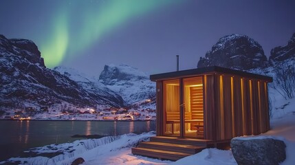 Luxurious Wooden Sauna Cabin in Snowy Mountains with Northern Lights