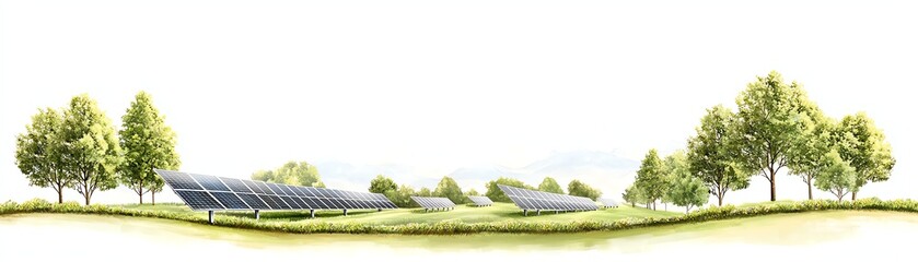 A peaceful landscape featuring solar panels in a green field, surrounded by lush trees, representing sustainable energy and harmony with nature.