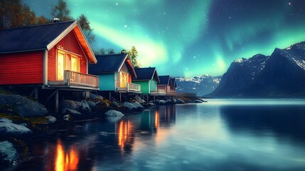 Fototapeta premium Colorful Cabins on Calm Lake at Night Aurora Borealis Scenic Mountains