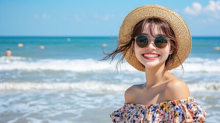 Smiling young woman enjoys a sunny day at the ocean