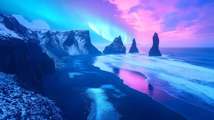 Fototapeta premium Dramatic Icelandic Seascape Black Sand Beach Northern Lights Rock Formations at Sunset