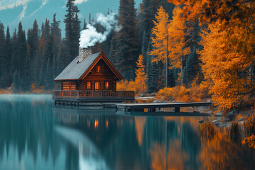 Fototapeta premium Cozy Cabin by Tranquil Lake – Autumn Forest Reflection Scenic View