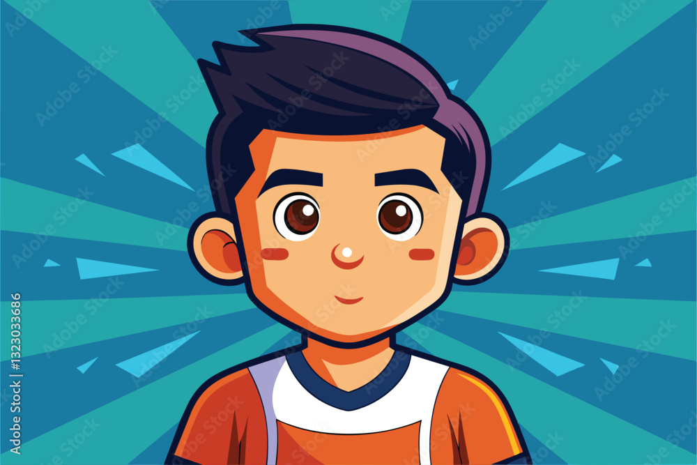 Poster this colorful character design features a young boy with a friendly expression and vibrant backgroun