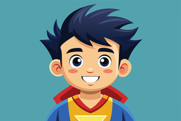 Obraz premium A young cartoon boy smiles brightly in a colorful superhero outfit, ready for adventure and fun, Sup Customizable Cartoon Illustration