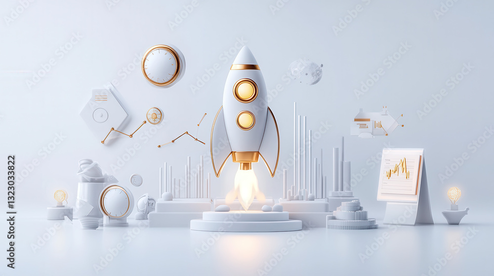 Poster minimalist business analytics display featuring rocket launch, data charts, and various analytical e