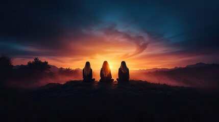 Three women silhouetted against vibrant sunset, creating serene atmosphere